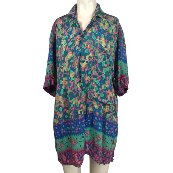 RAINBOW JO - WOMENS XL -MULTICOLOR SHORT SLEEVE BUTTON COLLARED TOP HAWAIIAN ART - Picture 1 of 9